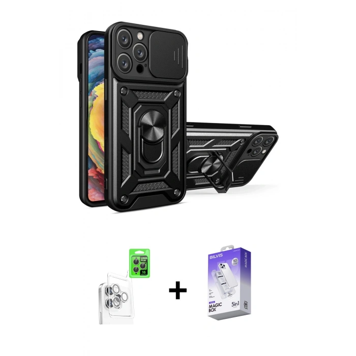 MARSİLYAN™- iPhone 16 Pro Kılıf Ahenk Klasik - Siyah Bilvis 5in1 3D Magic Cam Ekran Koruyucu + Raze Metal Kamera Lens - BZ
