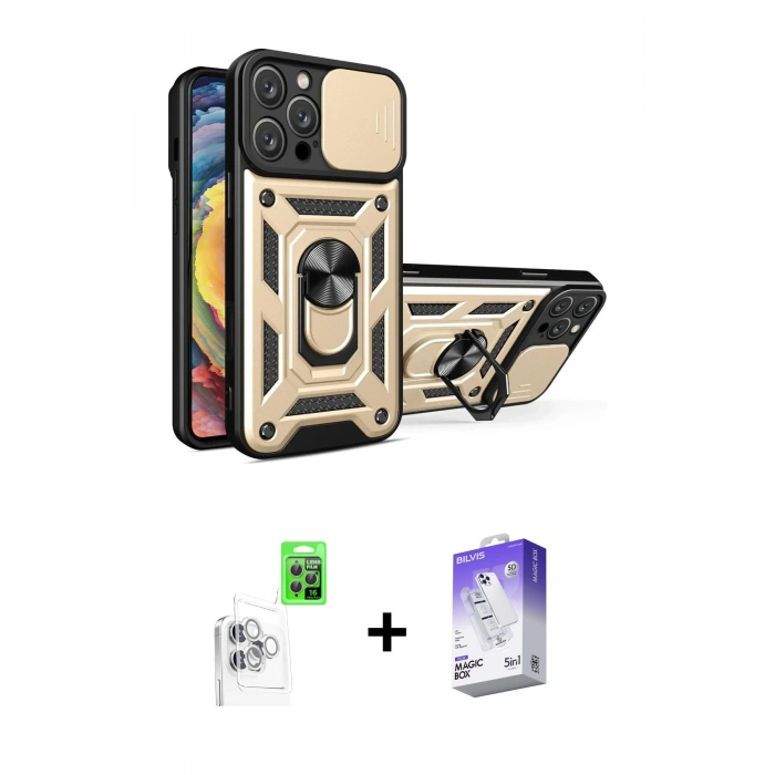 MARSİLYAN™- iPhone 16 Pro Kılıf Ahenk Klasik - Siyah Bilvis 5in1 3D Magic Cam Ekran Koruyucu + Raze Metal Kamera Lens - BZ