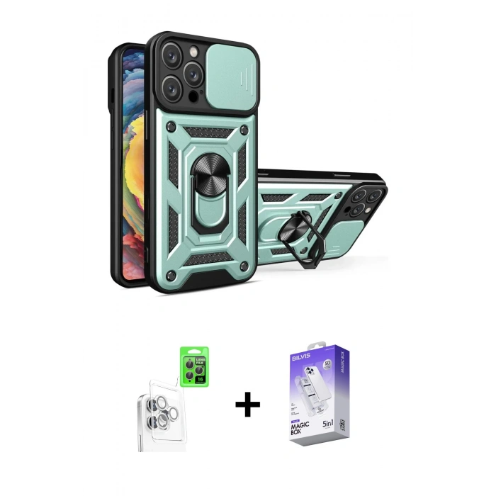 MARSİLYAN™- iPhone 16 Pro Kılıf Ahenk Klasik - Siyah Bilvis 5in1 3D Magic Cam Ekran Koruyucu + Raze Metal Kamera Lens - BZ