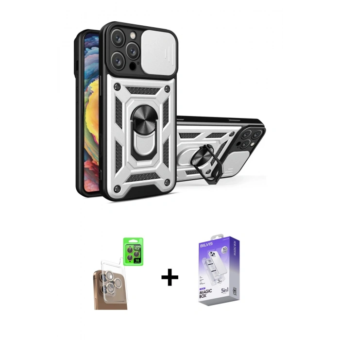 MARSİLYAN™- iPhone 16 Pro Kılıf Ahenk Klasik - Siyah Bilvis 5in1 3D Magic Cam Ekran Koruyucu + Raze Metal Kamera Lens - CLTM