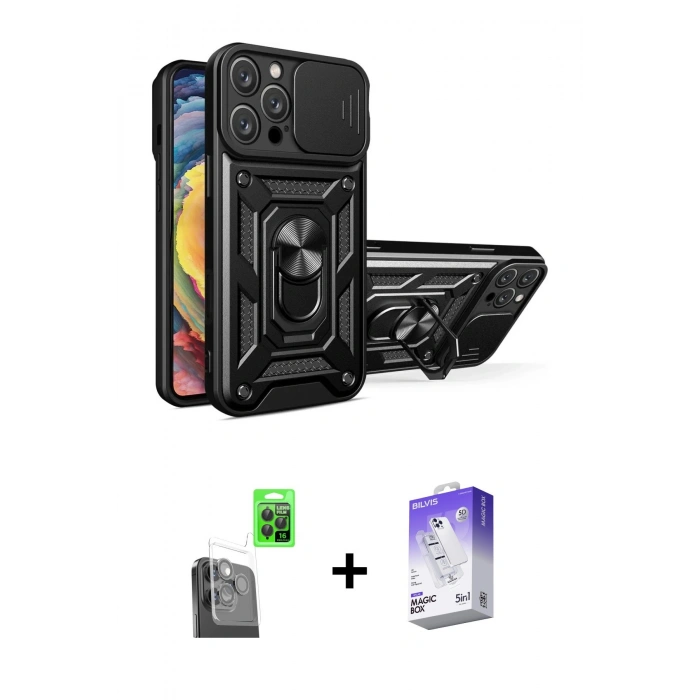 MARSİLYAN™- iPhone 16 Pro Kılıf Ahenk Klasik - Siyah Bilvis 5in1 3D Magic Cam Ekran Koruyucu + Raze Metal Kamera Lens - SH