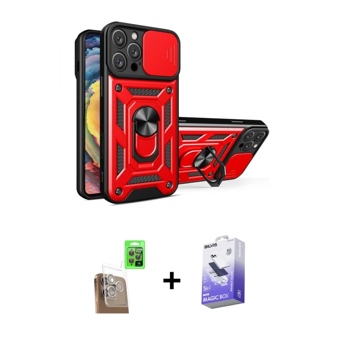 MARSİLYAN™- iPhone 16 Pro Kılıf Ahenk Klasik - Siyah Bilvis 5in1 5D Magic Hayalet Cam Ekran Koruyucu + Raze Metal Kamera Lens - CLTM
