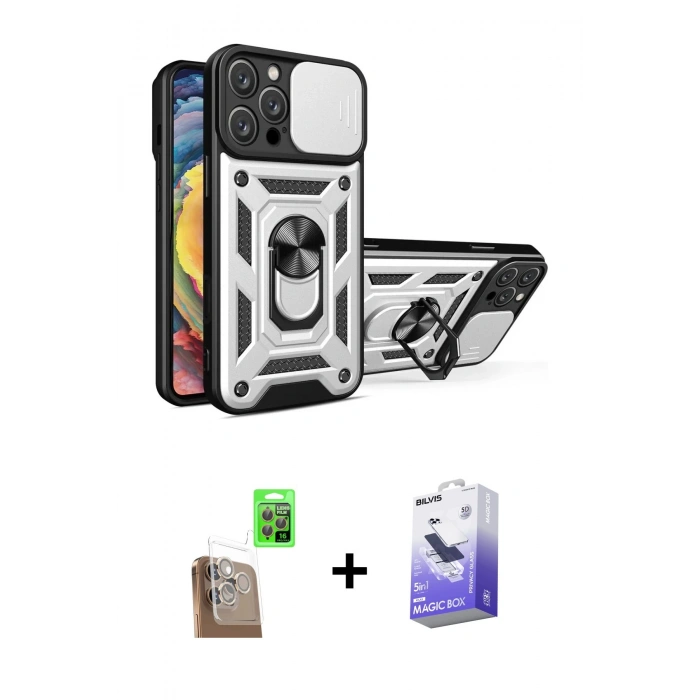 MARSİLYAN™- iPhone 16 Pro Kılıf Ahenk Klasik - Siyah Bilvis 5in1 5D Magic Hayalet Cam Ekran Koruyucu + Raze Metal Kamera Lens - CLTM