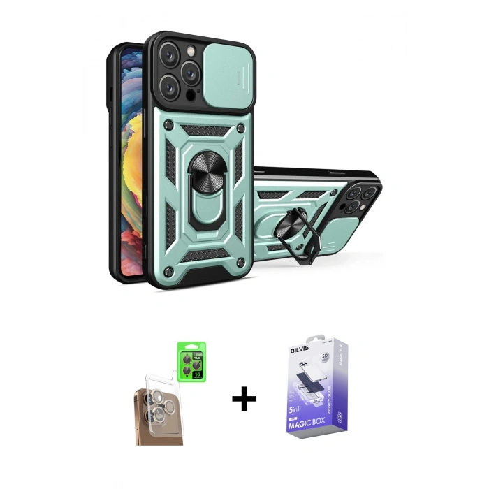 MARSİLYAN™- iPhone 16 Pro Kılıf Ahenk Klasik - Siyah Bilvis 5in1 5D Magic Hayalet Cam Ekran Koruyucu + Raze Metal Kamera Lens - CLTM