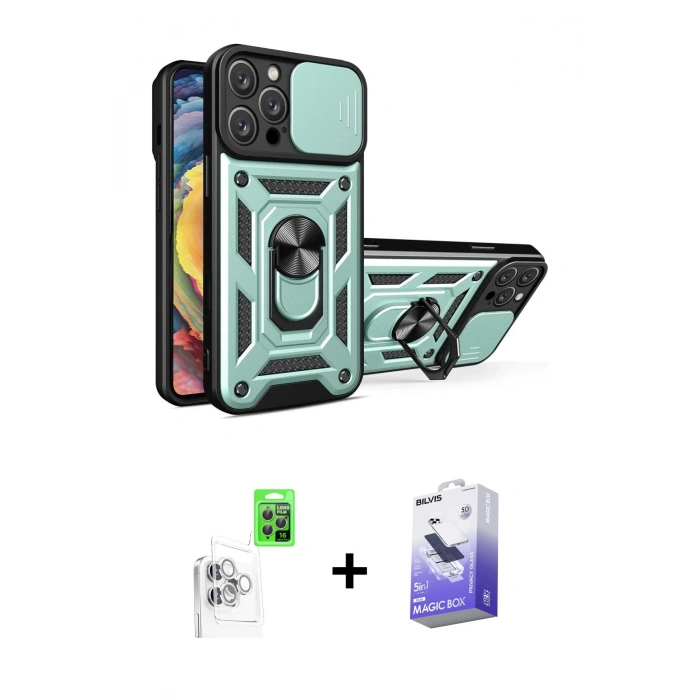 MARSİLYAN™- iPhone 16 Pro Kılıf Ahenk Klasik - Siyah Bilvis 5in1 5D Magic Hayalet Cam Ekran Koruyucu + Raze Metal Kamera Lens - BZ