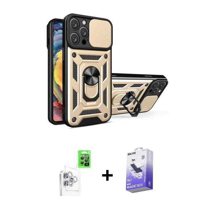 MARSİLYAN™- iPhone 16 Pro Kılıf Ahenk Klasik - Siyah Bilvis 5in1 5D Magic Hayalet Cam Ekran Koruyucu + Raze Metal Kamera Lens - BZ
