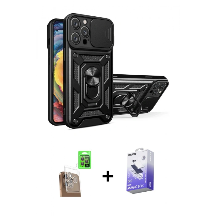 MARSİLYAN™- iPhone 16 Pro Kılıf Ahenk Klasik - Siyah Bilvis 5in1 5D Magic Hayalet Cam Ekran Koruyucu + Raze Metal Kamera Lens - CLTM