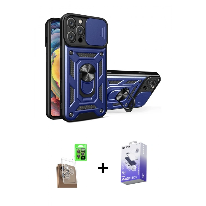 MARSİLYAN™- iPhone 16 Pro Kılıf Ahenk Klasik - Siyah Bilvis 5in1 5D Magic Hayalet Cam Ekran Koruyucu + Raze Metal Kamera Lens - CLTM