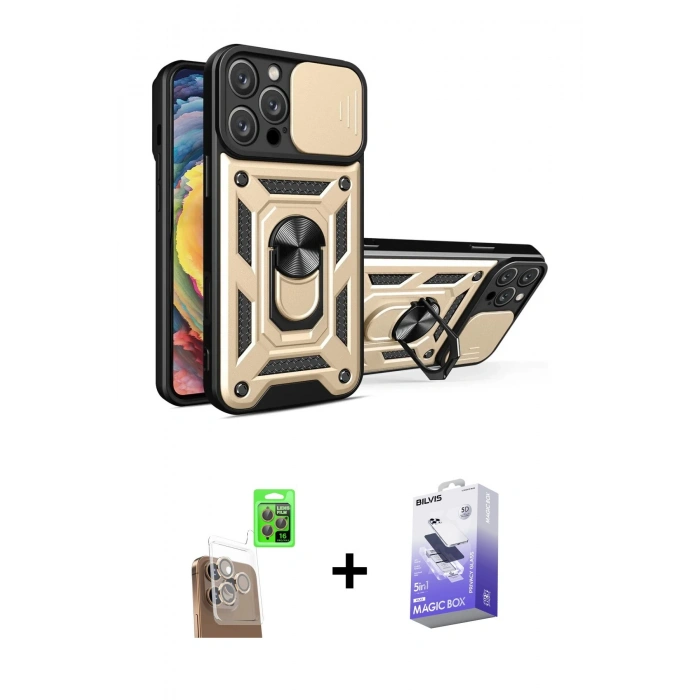 MARSİLYAN™- iPhone 16 Pro Kılıf Ahenk Klasik - Siyah Bilvis 5in1 5D Magic Hayalet Cam Ekran Koruyucu + Raze Metal Kamera Lens - CLTM