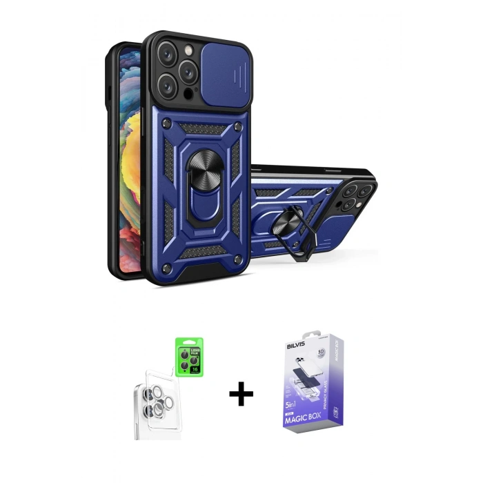 MARSİLYAN™- iPhone 16 Pro Kılıf Ahenk Klasik - Siyah Bilvis 5in1 5D Magic Hayalet Cam Ekran Koruyucu + Raze Metal Kamera Lens - BZ