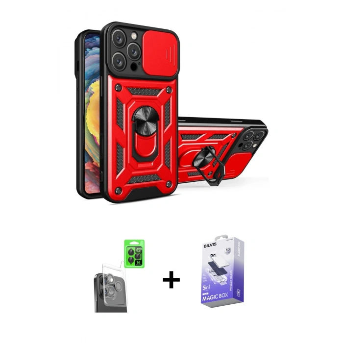 MARSİLYAN™- iPhone 16 Pro Kılıf Ahenk Klasik - Siyah Bilvis 5in1 5D Magic Hayalet Cam Ekran Koruyucu + Raze Metal Kamera Lens - SH