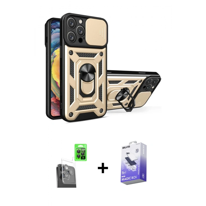 MARSİLYAN™- iPhone 16 Pro Kılıf Ahenk Klasik - Siyah Bilvis 5in1 5D Magic Hayalet Cam Ekran Koruyucu + Raze Metal Kamera Lens - SH