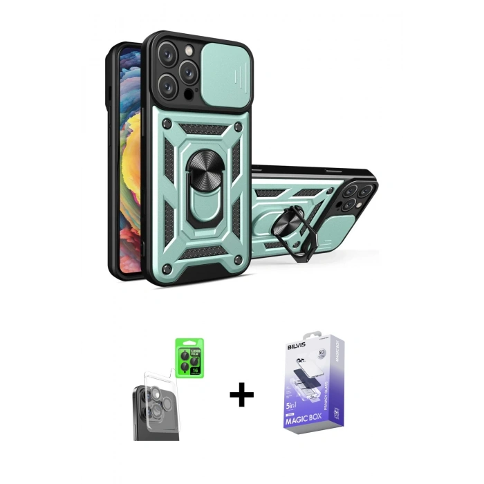 MARSİLYAN™- iPhone 16 Pro Kılıf Ahenk Klasik - Siyah Bilvis 5in1 5D Magic Hayalet Cam Ekran Koruyucu + Raze Metal Kamera Lens - SH
