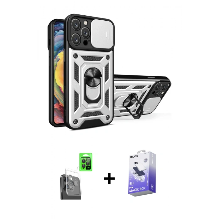 MARSİLYAN™- iPhone 16 Pro Kılıf Ahenk Klasik - Siyah Bilvis 5in1 5D Magic Hayalet Cam Ekran Koruyucu + Raze Metal Kamera Lens - SH