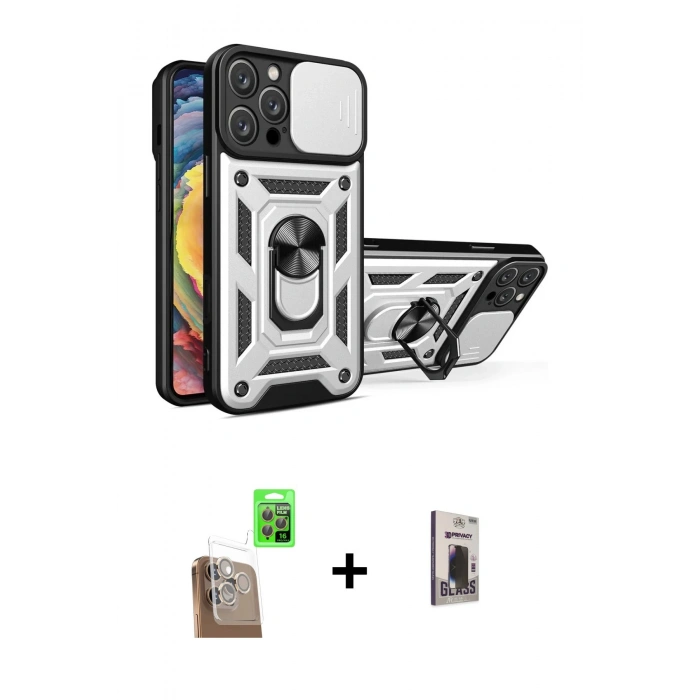 MARSİLYAN™- iPhone 16 Pro Kılıf Ahenk Klasik - Siyah Bilvis Hayalet Cam Ekran Koruyucu + Raze Metal Kamera Lens - CLTM