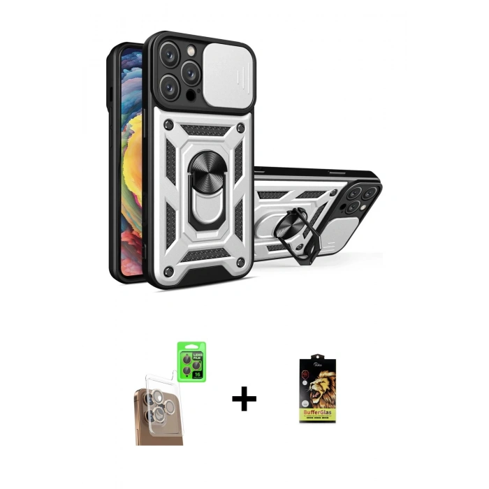 MARSİLYAN™- iPhone 16 Pro Kılıf Ahenk Klasik - Siyah Buffer Cam Ekran Koruyucu + Raze Metal Kamera Lens - CLTM