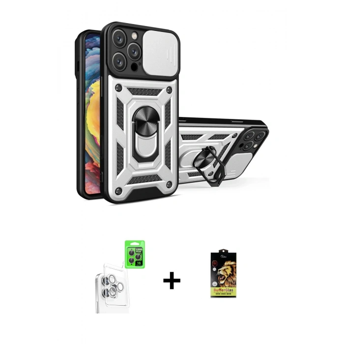 MARSİLYAN™- iPhone 16 Pro Kılıf Ahenk Klasik - Siyah Buffer Cam Ekran Koruyucu + Raze Metal Kamera Lens - BZ