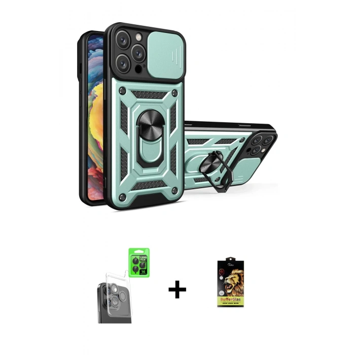 MARSİLYAN™- iPhone 16 Pro Kılıf Ahenk Klasik - Siyah Buffer Cam Ekran Koruyucu + Raze Metal Kamera Lens - SH