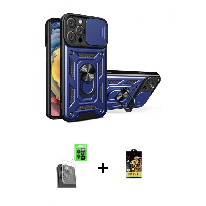 MARSİLYAN™- iPhone 16 Pro Kılıf Ahenk Klasik - Siyah Buffer Cam Ekran Koruyucu + Raze Metal Kamera Lens - SH