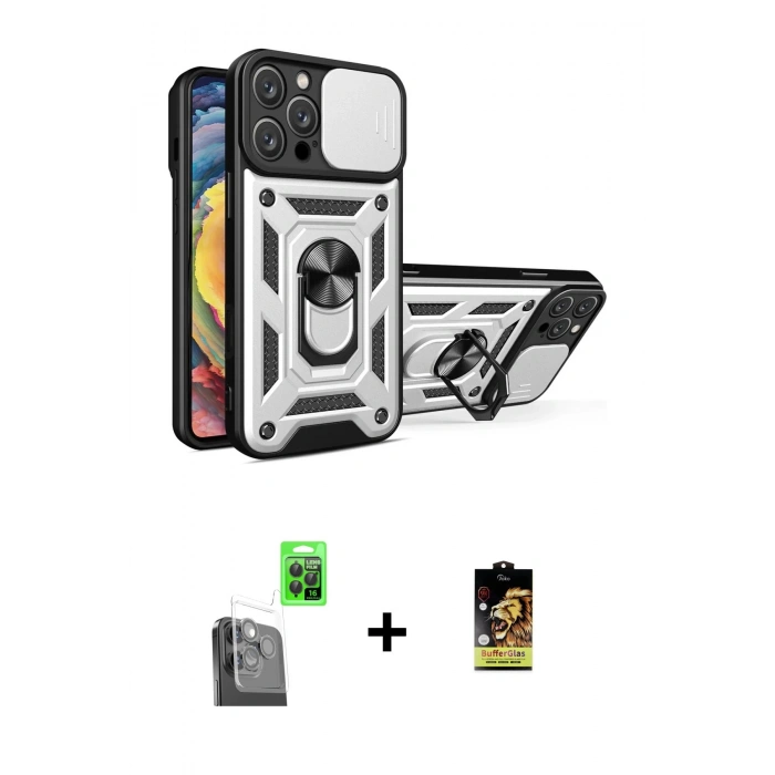 MARSİLYAN™- iPhone 16 Pro Kılıf Ahenk Klasik - Siyah Buffer Cam Ekran Koruyucu + Raze Metal Kamera Lens - SH
