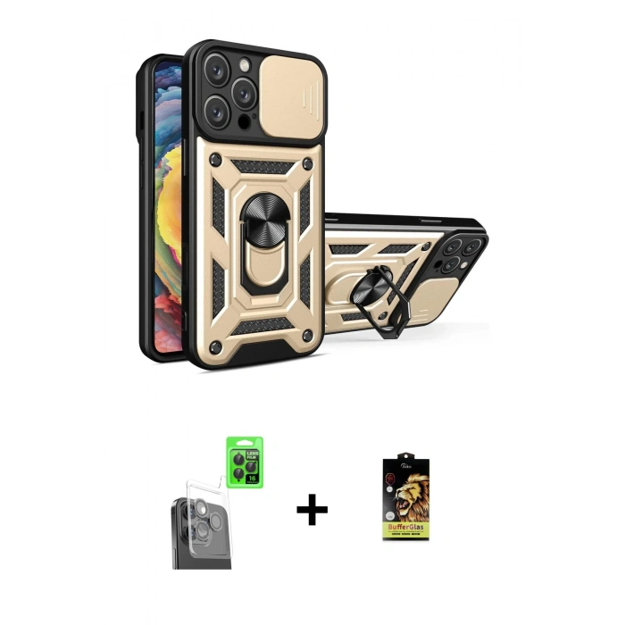 MARSİLYAN™- iPhone 16 Pro Kılıf Ahenk Klasik - Siyah Buffer Cam Ekran Koruyucu + Raze Metal Kamera Lens - SH