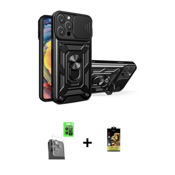 MARSİLYAN™- iPhone 16 Pro Kılıf Ahenk Klasik - Siyah Buffer Cam Ekran Koruyucu + Raze Metal Kamera Lens - SH