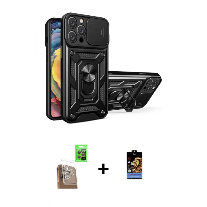 MARSİLYAN™- iPhone 16 Pro Kılıf Ahenk Klasik - Siyah Buffer Hayalet Cam Ekran Koruyucu + Raze Metal Kamera Lens - CLTM