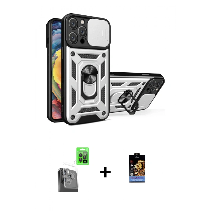 MARSİLYAN™- iPhone 16 Pro Kılıf Ahenk Klasik - Siyah Buffer Hayalet Cam Ekran Koruyucu + Raze Metal Kamera Lens - SH