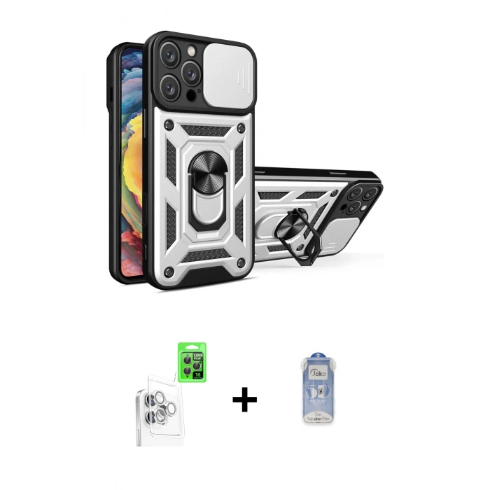 MARSİLYAN™- iPhone 16 Pro Kılıf Ahenk Klasik - Siyah Joko Magic 5D Cam + Beyaz Raze Metal Kamera Lens