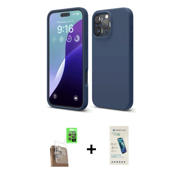 MARSİLYAN™- iPhone 16 Pro Kılıf Ahenk Serisi - Şeffaf Pasifik Cam Ekran Koruyucu + Raze Metal Kamera Lens - CLTM