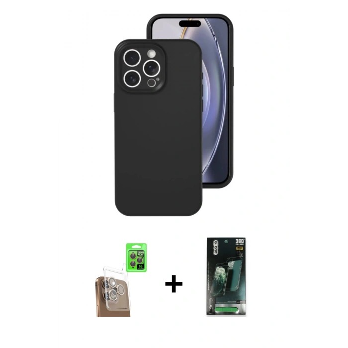 MARSİLYAN™- iPhone 16 Pro Kılıf Ahenk Serisi - Siyah 360 Mat Full Body Arka Koruyucu + Raze Metal Kamera Lens - CLTM