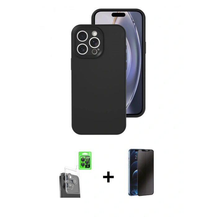 MARSİLYAN™- iPhone 16 Pro Kılıf Ahenk Serisi - Siyah 3D Antistatik Hayalet Cam Ekran Koruyucu + Raze Metal Kamera Lens - SH