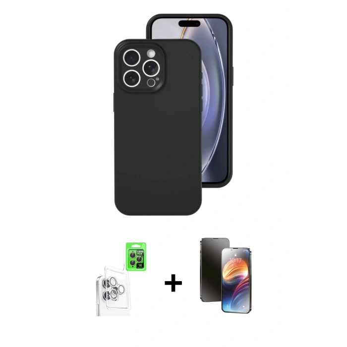 MARSİLYAN™- iPhone 16 Pro Kılıf Ahenk Serisi - Siyah 3D Antistatik Mat Seramik Nano Ekran Koruyucu + Raze Metal Kamera Lens - BZ