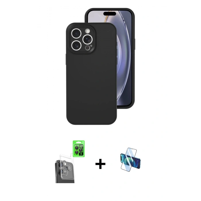 MARSİLYAN™- iPhone 16 Pro Kılıf Ahenk Serisi - Siyah 3D Antistatik Seramik Nano Ekran Koruyucu + Raze Metal Kamera Lens - SH