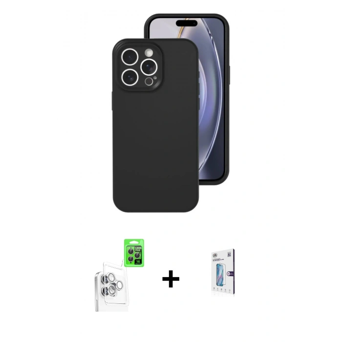 MARSİLYAN™- iPhone 16 Pro Kılıf Ahenk Serisi - Siyah Bilvis 0.18mm Plus Cam Ekran Koruyucu + Beyaz Raze Metal Kamera Lens
