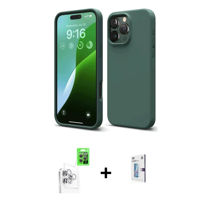 MARSİLYAN™- iPhone 16 Pro Kılıf Ahenk Serisi - Siyah Bilvis 0.18mm Plus Cam Ekran Koruyucu + Beyaz Raze Metal Kamera Lens