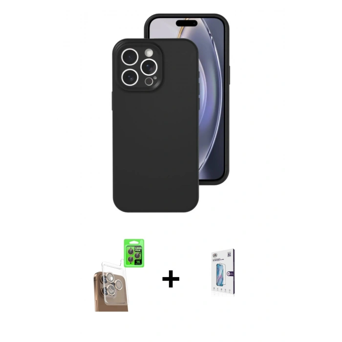 MARSİLYAN™- iPhone 16 Pro Kılıf Ahenk Serisi - Siyah Bilvis 0.18mm Plus Cam Ekran Koruyucu + Raze Metal Kamera Lens - CLTM