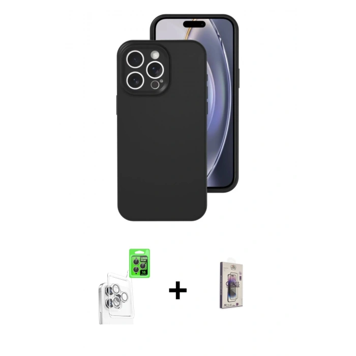 MARSİLYAN™- iPhone 16 Pro Kılıf Ahenk Serisi - Siyah Bilvis 3D Cam Ekran Koruyucu + Raze Metal Kamera Lens - BZ