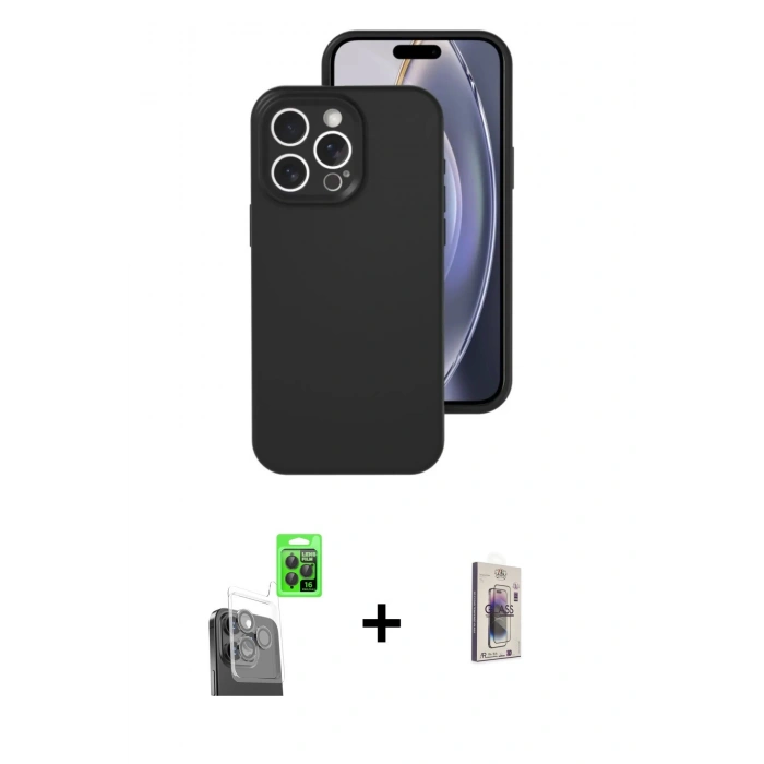 MARSİLYAN™- iPhone 16 Pro Kılıf Ahenk Serisi - Siyah Bilvis 3D Cam Ekran Koruyucu + Raze Metal Kamera Lens - SH