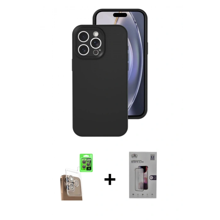 MARSİLYAN™- iPhone 16 Pro Kılıf Ahenk Serisi - Siyah Bilvis 3D Mat Cam Ekran Koruyucu + Raze Metal Kamera Lens - CLTM