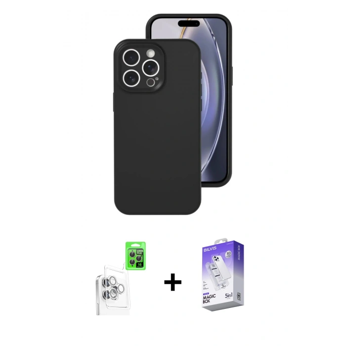 MARSİLYAN™- iPhone 16 Pro Kılıf Ahenk Serisi - Siyah Bilvis 5in1 3D Magic Cam Ekran Koruyucu + Raze Metal Kamera Lens - BZ