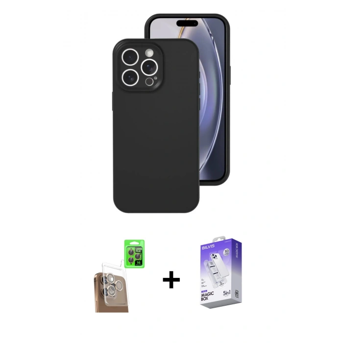 MARSİLYAN™- iPhone 16 Pro Kılıf Ahenk Serisi - Siyah Bilvis 5in1 3D Magic Cam Ekran Koruyucu + Raze Metal Kamera Lens - CLTM