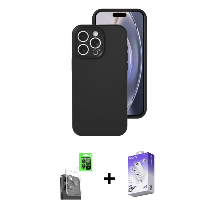 MARSİLYAN™- iPhone 16 Pro Kılıf Ahenk Serisi - Siyah Bilvis 5in1 3D Magic Cam Ekran Koruyucu + Raze Metal Kamera Lens - SH