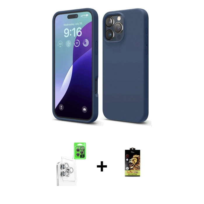 MARSİLYAN™- iPhone 16 Pro Kılıf Ahenk Serisi - Siyah Buffer Cam Ekran Koruyucu + Raze Metal Kamera Lens - BZ