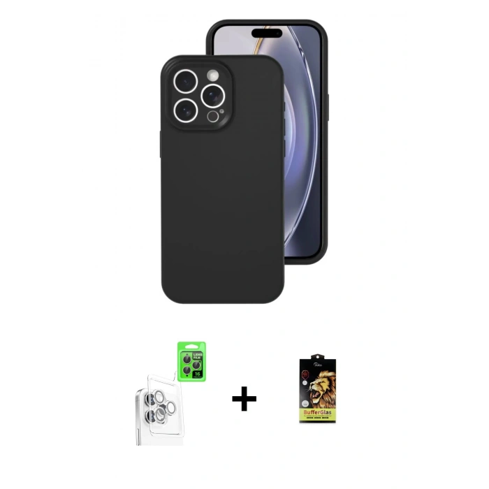 MARSİLYAN™- iPhone 16 Pro Kılıf Ahenk Serisi - Siyah Buffer Cam Ekran Koruyucu + Raze Metal Kamera Lens - BZ