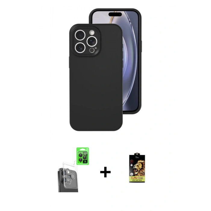 MARSİLYAN™- iPhone 16 Pro Kılıf Ahenk Serisi - Siyah Buffer Cam Ekran Koruyucu + Raze Metal Kamera Lens - SH