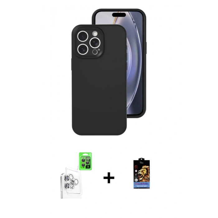 MARSİLYAN™- iPhone 16 Pro Kılıf Ahenk Serisi - Siyah Buffer Hayalet Cam Ekran Koruyucu + Raze Metal Kamera Lens - BZ