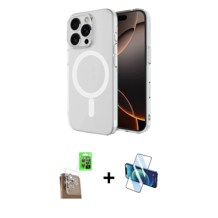 MARSİLYAN™- iPhone 16 Pro Kılıf Ahenk Yansıma Prime - Siyah 3D Antistatik Cam Ekran Koruyucu + Raze Metal Kamera Lens - CLTM