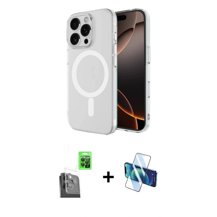 MARSİLYAN™- iPhone 16 Pro Kılıf Ahenk Yansıma Prime - Siyah 3D Antistatik Cam Ekran Koruyucu + Raze Metal Kamera Lens - SH