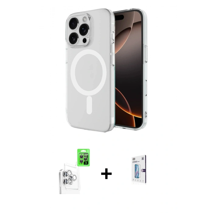 MARSİLYAN™- iPhone 16 Pro Kılıf Ahenk Yansıma Prime - Siyah Bilvis 0.18mm Plus Cam Ekran Koruyucu + Raze Metal Kamera Lens - BZ